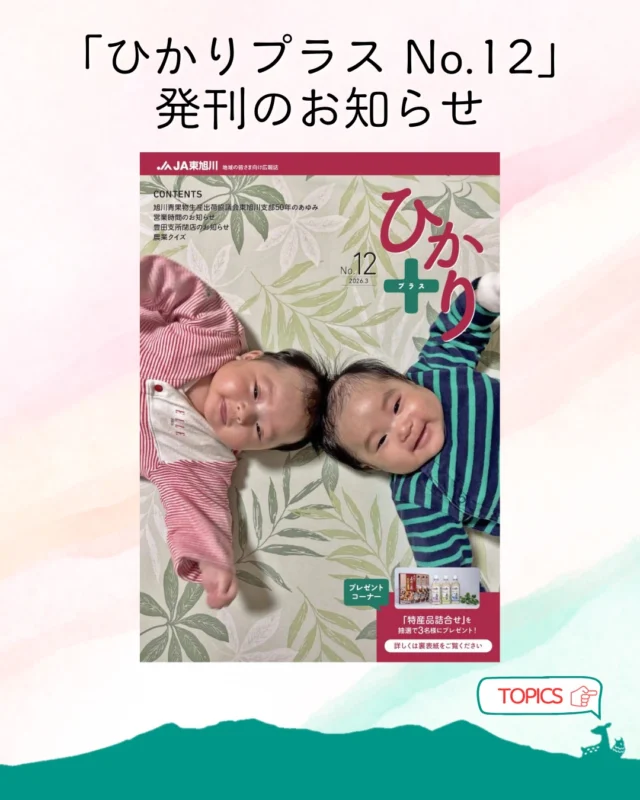 【広報誌発刊のお知らせ📣】

こんにちは☀
JA東旭川の広報誌『ひかりプラスNo.12』を発刊しました！

今回は、旭川青果物生産出荷協議会東旭川支部50周年を記念し、東旭川の野菜・花づくりの歴史を振り返ります🫑🍅

また、遊んで学べる農業クイズも掲載しておりますので、ぜひ挑戦してみてください💪

広報誌はホームページに掲載しておりますので、プロフィールのリンクからぜひご覧ください👀

🔽職員の仕事風景はコチラ🔽
@ja_higaasa.saiyou 

#ja東旭川 
#旭川市 
#農業 
#広報誌 
#お知らせ